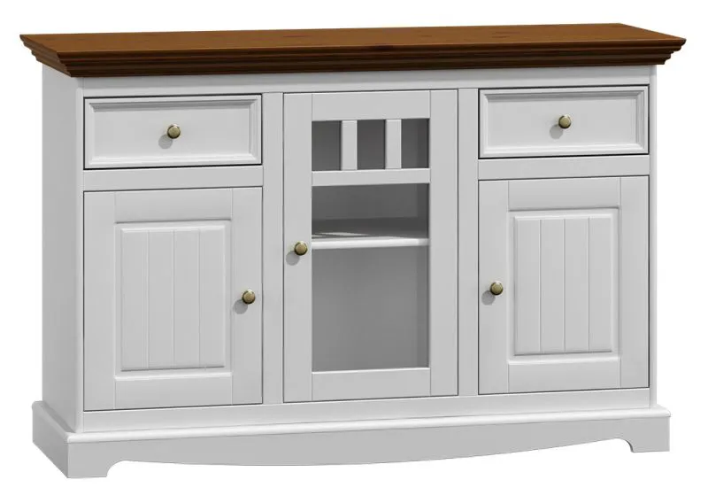 Commode Gyronde 01, pin massif, Couleur : Blanc / Noyer - 85 x 130 x 45 cm (H x L x P)