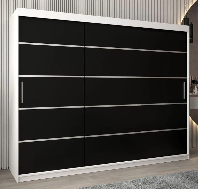Armoire à portes coulissantes / Penderie Jan 06A, Couleur : blanc mat / noir - Dimensions : 200 x 250 x 62 cm ( h x l x p)