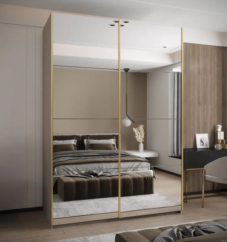 Penderie / Armoire à portes coulissantes / Soft-Close / Miroir / Couleur : Cachemire / 2 tringles à vêtements / 11 compartiments / 2 Portes coulissantes / 245,5 x 170 x 64 cm