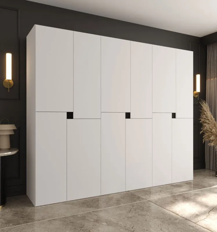 Armoire à portes battantes / Penderie / Blanche / 12 portes battantes / 9 compartiments / 3 tringles à vêtements / 240 x 52 x 203 cm / Finition haut de gamme / Portes sans poignées / Système de fermeture Soft-Close