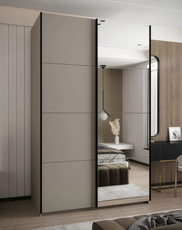 Penderie / Armoire à portes coulissantes / 11 compartiments /Couleur : Cachemire / Miroir / Soft-Close / 2 portes coulissantes / 2 tringles à vêtements / 245,5 x 160 x 64 cm