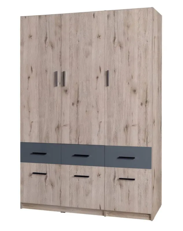 Armoire à portes battantes Tripoli 02 | Chêne/Gris | 198 x 136 x 54 cm | 3 portes, 6 tiroirs, penderie