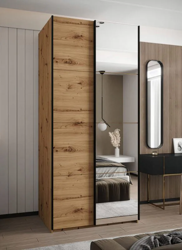Penderie / Armoire à portes coulissantes / 2 tringles à vêtements / 245,5 x 110 x 64 cm / Miroir / 6 compartiments / 2 portes coulissantes / Couleur : Chêne Artisan / Soft-Close