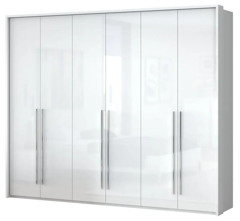Armoire penderie à portes battantes Siumu 25 avec cadre LED | Blanc & Blanc brillant | 226 x 277 x 60 cm