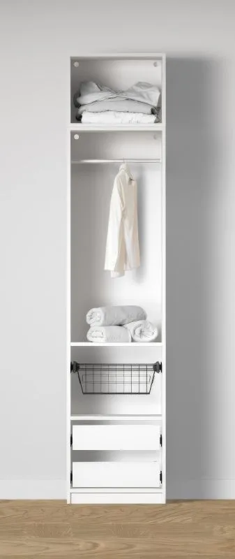 Armoire ouverte / 1 panier à linge / Couleur : Blanc / 2 tiroirs intérieurs / 1 tringle à vêtements / 51,5 x 55 x 234 cm / 1 compartiment / Design épuré