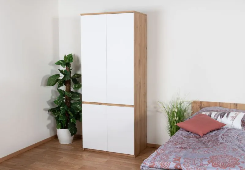 Armoire penderie portes battantes Alard 01 | Chêne clair & blanc | 195 x 80 x 52 cm | Design moderne chambre ado