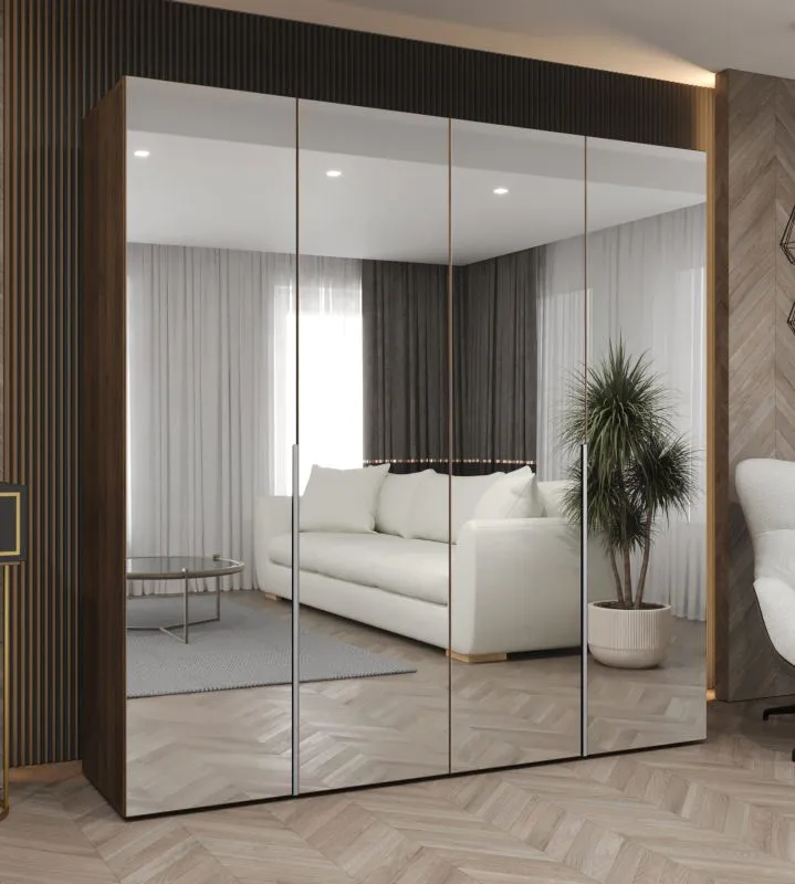 Armoire à portes battantes de 1,5 mètre de large / Couleur : Noyer / 3 portes miroir / Poignées : Argent / Système de fermeture Soft-Close / 2 compartiments / 2 tringles à vêtements