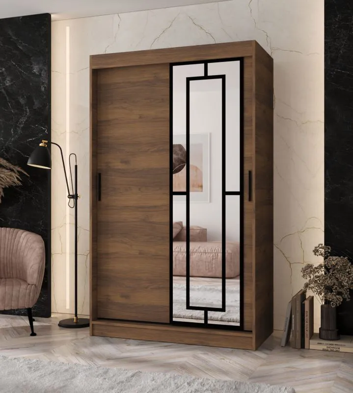 Penderie / Armoire à portes coulissantes / Couleur : Noyer Warmia / 5 compartiments / 2 tringles à vêtements / Finition haut de gamme / 120 x 62 x 200 cm / Porte miroir décorative