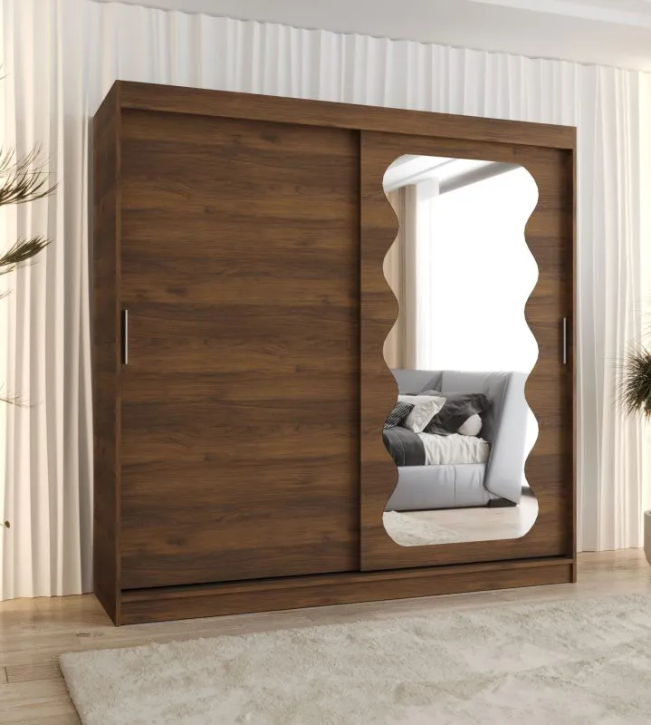 Penderie / Armoire à portes coulissantes / Couleur : Noyer / Rails en aluminium / 2 mètres de large / Une porte avec miroir / Deux tringles à vêtements / 10 compartiments