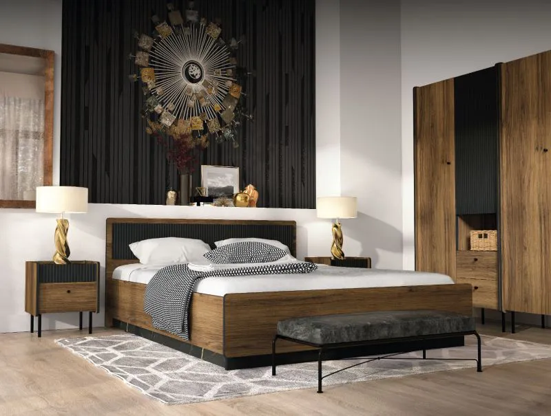 Ensemble chambre 5 pièces Mairenke | Noyer & Noir mat | Lit 160x200 cm | Rangement optimisé