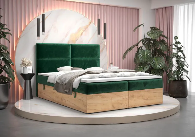 Lit boxspring Pilio 38 moderne | Vert & chêne doré | 160 x 200 cm | Matelas Bonell H3 | 2 espaces de rangement