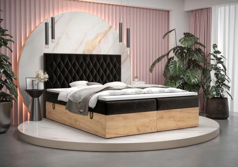 Lit boxspring design élégant Pilio 72 | Noir & chêne doré | 180 x 200 cm | 2 espaces de rangement