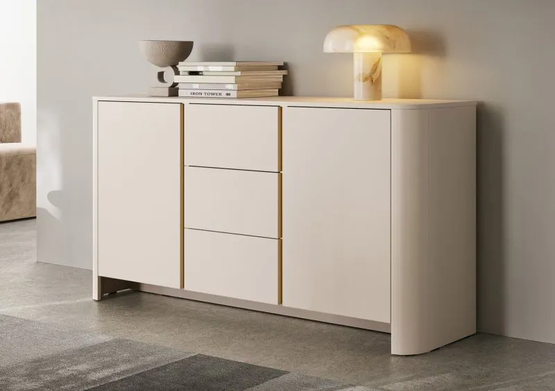 Buffet Vytgarth 05 cachemire | 3 tiroirs, 2 portes, 4 compartiments | 84 x 168 x 39 cm | Push-to-Open
