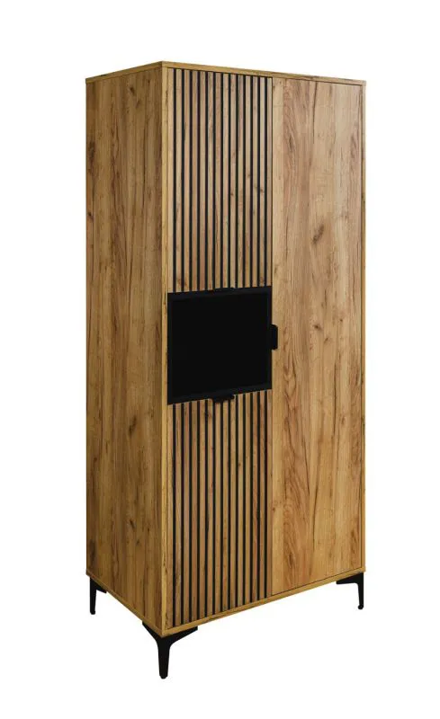 Armoire façade cannelée Calmuco 01 | Chêne craft Or & Noir | 190 x 86 x 55 cm | 6 compartiments | Pieds métal