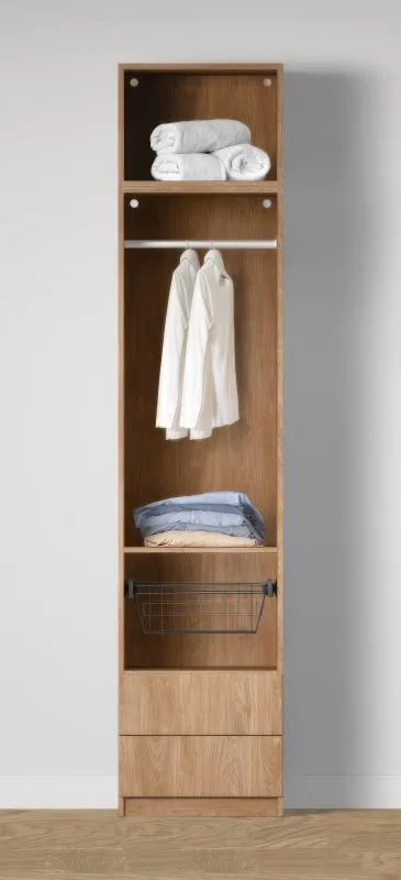 Armoire ouverte / 1 panier à linge / Couleur : Chêne Puccini / 2 tiroirs / 1 tringle à vêtements / 51,5 x 55 x 234 cm / 1 compartiment / Pour dressing-room