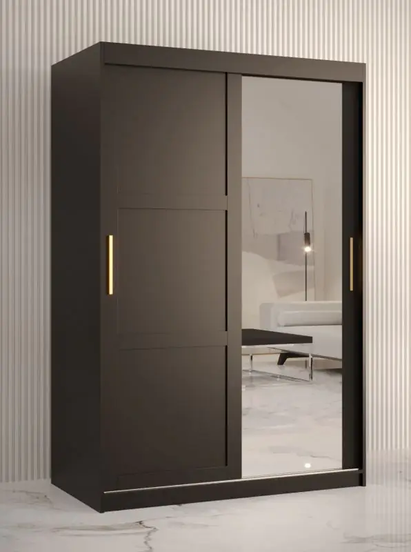 Armoire à vêtements stylée avec une porte miroir Liskamm 32, Couleur : Noir mat - Dimensions : 200 x 120 x 62 cm (h x l x p), avec cinq casiers