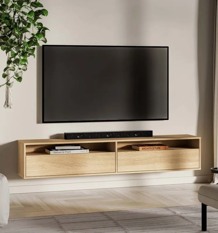 Meuble bas TV / 2 portes basculantes / 4 compartiments / Couleur : Chêne Mavelie / 180 x 33 x 33 cm / Fonction Push-to-open / Fonction Soft-Close / Tableau TV / Pour le salon
