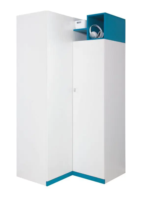 Chambre d'adolescents - armoire à portes battantes / armoire d'angle "Geel" 01, blanc / turquoise - Dimensions : 195 x 95 x 95 cm (H x L x P)