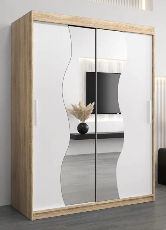 Armoire miroir de chambre blanc chêne 3 portes 2 tiroirs pas cher