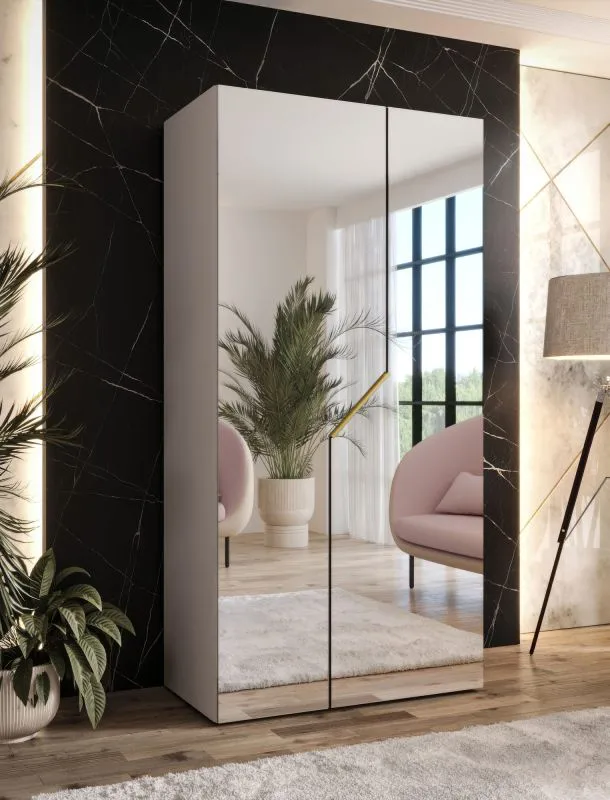 Armoire de chambre à coucher avec miroir / Couleur : Cachemire / 1 compartiment / 1 tringle à vêtements / Fonction Soft-Close / Chants ABS / Poignées : Or / Dimensions : 100 x 52 x 202 cm / Penderie