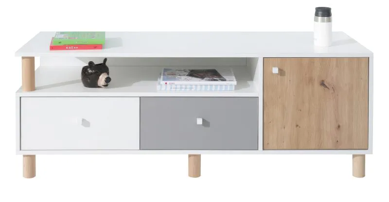 Meuble TV Burdinne 08 | Blanc, chêne et gris | 50 x 140 x 50 cm | Design moderne et robuste