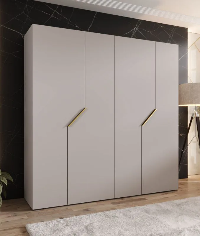 Armoire / 4 portes / Couleur : Cachemire / 2 compartiments / 2 tringles à vêtements / Poignées : Or / Fonction Soft-Close / Dimensions : 200 x 52 x 202 cm / Chants ABS