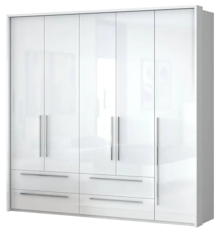 Armoire à portes battantes / armoire avec cadre LED Siumu 32, Couleur : Blanc / Blanc brillant - 226 x 232 x 60 cm (H x L x P)