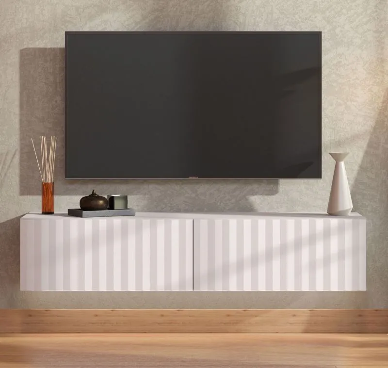 Meuble TV / Meuble TV avec fonction « push-to-open » Grocka 02, Couleur : Blanc / Blanc mat, deux portes basculantes, ABS, dimensions : 32 x 154 x 42 cm, pour le salon