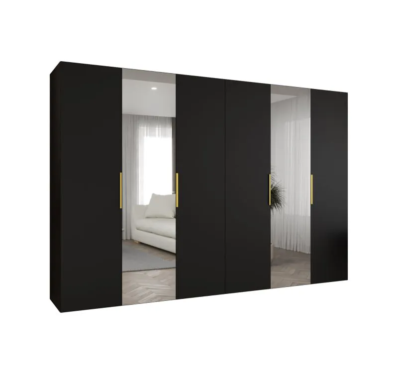 Armoire penderie 3 m Korab 107 | Noir | Fermeture douce | 2 portes miroir | Poignées dorées