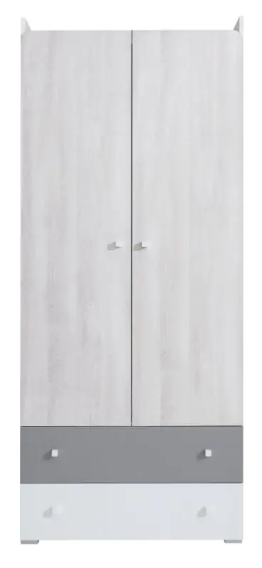 Chambre de jeunes - Armoire à portes battantes / Penderie Floreffe 03, Couleur : Blanc / Chêne blanc / Gris - Dimensions : 190 x 80 x 50 cm (H x L x P)