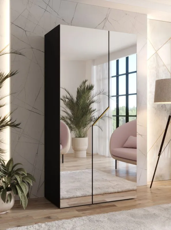 Armoire de chambre à coucher avec miroir / Couleur : Noir / 1 compartiment / 1 tringle à vêtements / Fonction Soft-Close / Bords ABS / Poignées : Or / Dimensions : 100 x 52 x 202 cm / Penderie
