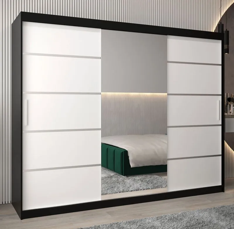 Armoire à portes coulissantes Jan 06B avec miroir | Noir / Blanc mat | 200 x 250 x 62 cm