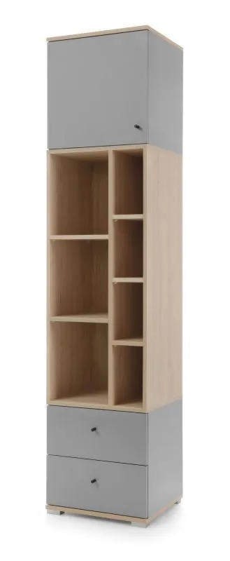 Armoire, étagère à 7 compartiments ouverts, armoire pour chambre d'adolescent, 195 x 45 x 40 cm, chêne / gris, 1 porte et 2 tiroirs, chants en ABS
