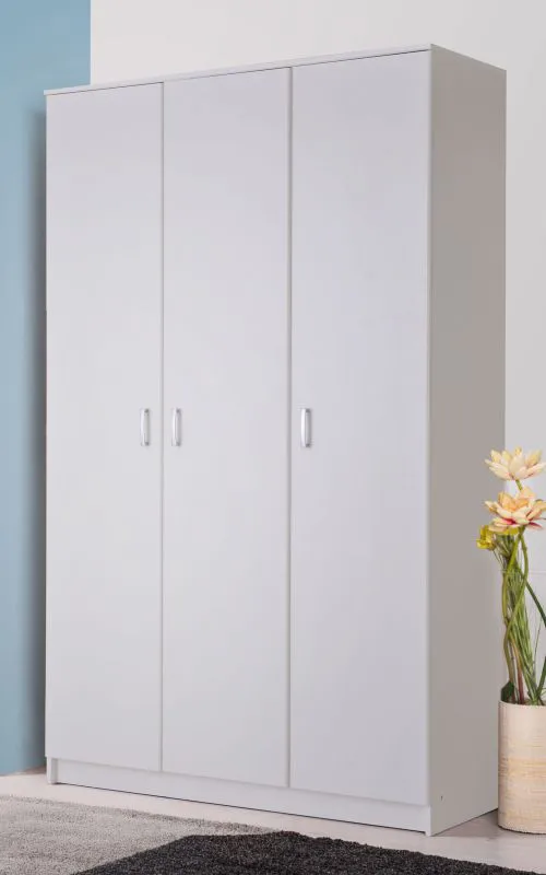 Armoire 3 portes battantes Kovin 08 | Blanc | 5 casiers | 4 étagères bois | 205 x 120 x 52 cm | Finition haut de gamme