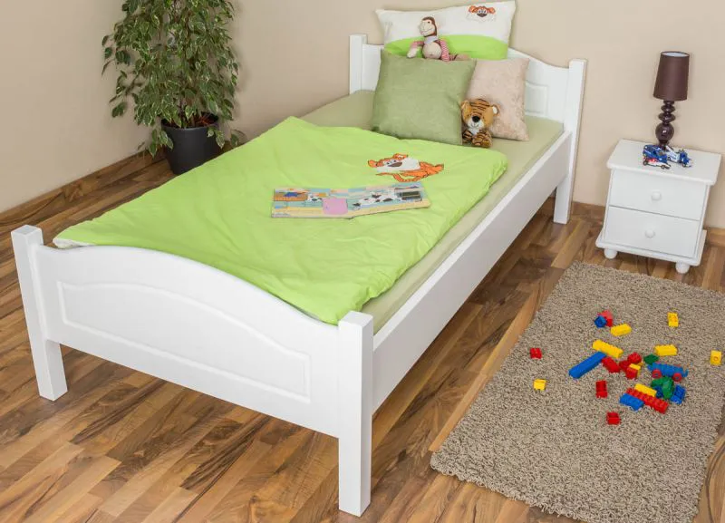 Lit junior en hêtre massif blanc | Sommier à lattes inclus | 100 x 200 cm | Design moderne et robuste
