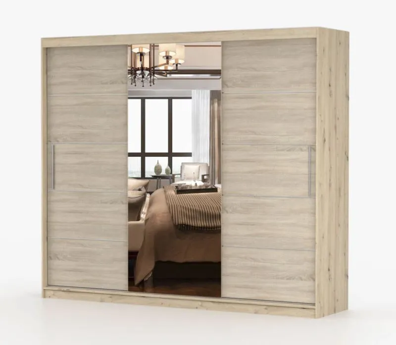 Armoire penderie coulissante miroir | 218 x 250 x 61 cm | 3 portes, 12 compartiments | Chêne bicolore Cévennes 20