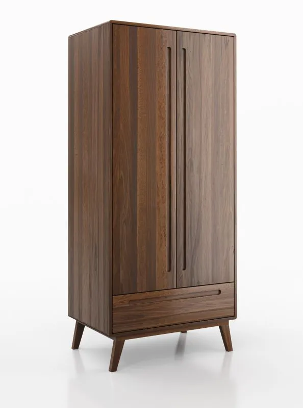 Armoire Engordany 05 | Hêtre massif laqué | Portes battantes | Tiroir intégré | Couleur noyer | 200 x 90 x 58,5 cm
