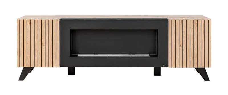 Meuble TV Nordkapp 05 | bois de noyer Jackson & noir | 52 x 160 x 45 cm | 2 compartiments | Cheminée noire intégrée