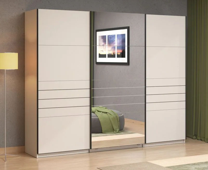 Armoire / 3 portes / 1 porte miroir / Couleur : Cachemire / 3 tringles à vêtements / Dimensions : 167 x 61 x 217 cm / Armoire à portes coulissantes / Très large / 3 compartiments