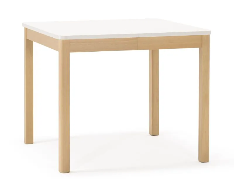 Table de salle à manger à ralonge / Couleur : Blanc albâtre / Hêtre / Aspect naturel / Cadre en bois / Carré / Extensible jusqu'à 130 cm / Dimensions : 90 x 90 cm