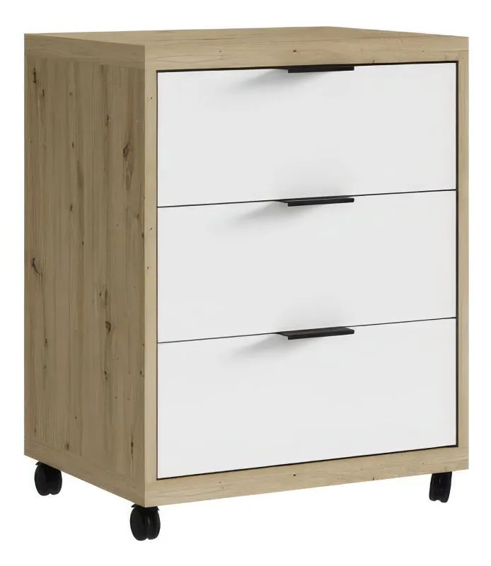 Caisson mobile Merosina 04 | Chêne Artisan / Blanc | 66 x 50 x 39 cm | 3 tiroirs et 4 roulettes