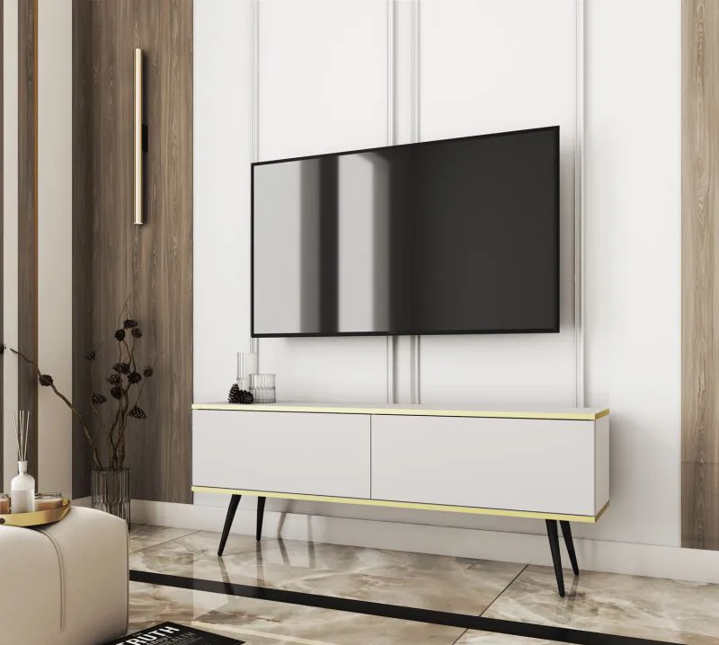 Meuble TV suspendu blanc Horsham 29 | Pieds noirs | Push-to-open | 2 abattants | ABS