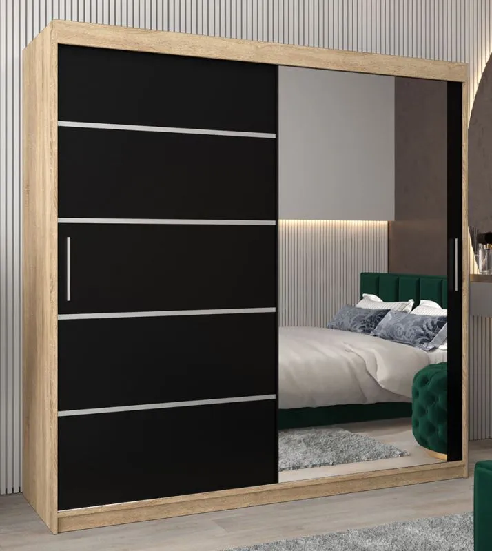 Armoire portes coulissantes avec miroir Jan 05B | Chêne Sonoma & Noir | 200 x 200 x 62 cm