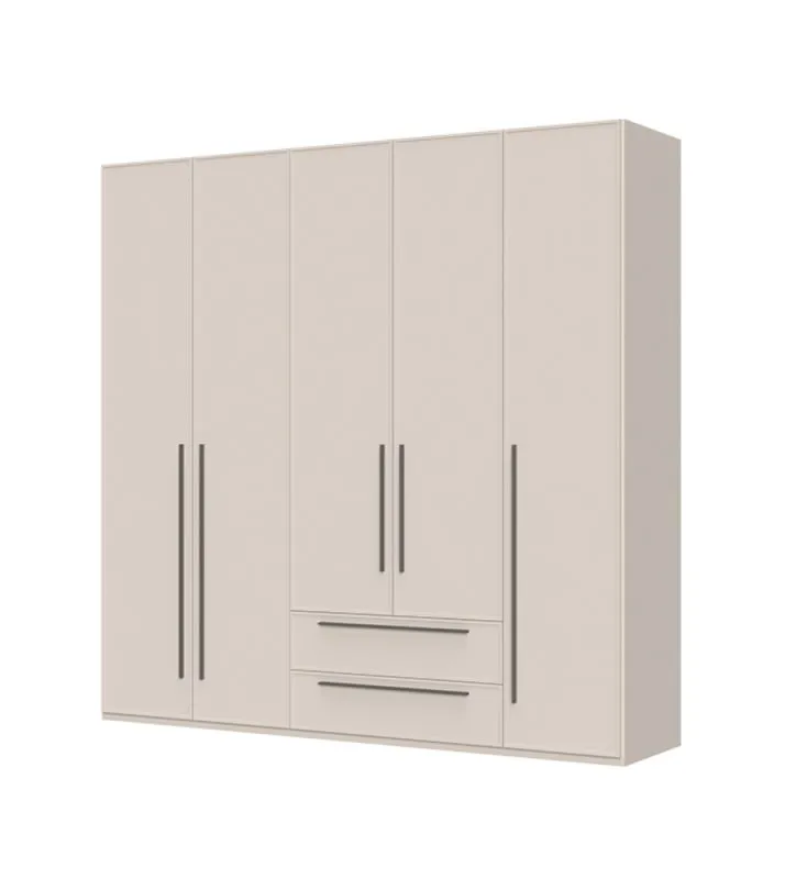 Armoire claire à cinq portes battantes Neiafu 17, couleur : cachemire, deux tiroirs, système de fermeture en douceur, trois tringles à vêtements, dimensions : 224 x 227 x 56 cm