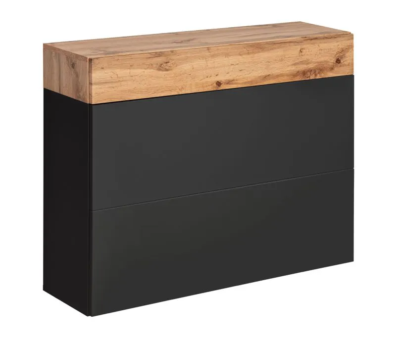 Armoire suspendue design Pollestad 23 | Chêne Wotan / Noir | 80 x 100 x 30 cm | 2 compartiments à clapet, 1 tiroir