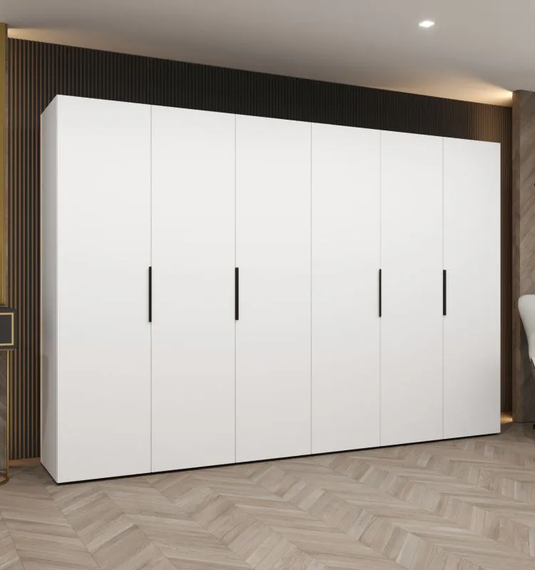 Armoire à portes battantes Korab 47 | Blanc | 6 portes | 3 m de large | Poignées noires | Soft-Close