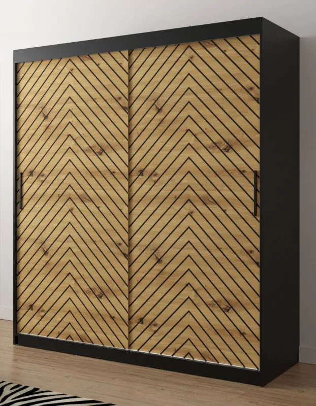 Armoire élégante Mulhacen 59, Couleur : Noir mat / Chêne artisan - Dimensions : 200 x 180 x 62 cm (h x l x p), avec 10 compartiments et deux tringles à vêtements