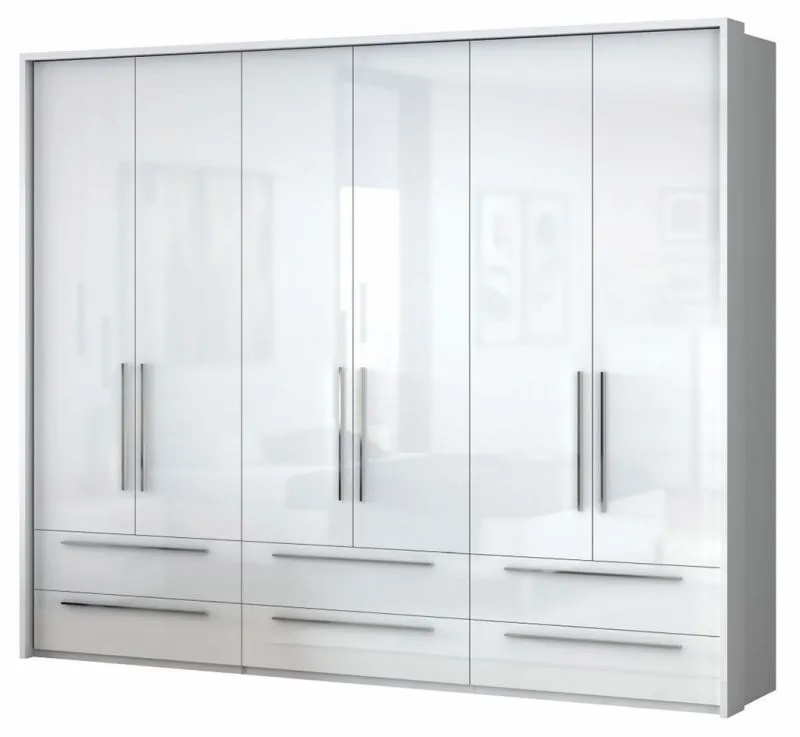 Grande Armoire | 6 portes battantes | 6 tiroirs | 3 casiers | avec 3 tringles à vêtements | 277 cm de large | Couleur: Blanc Abbildung