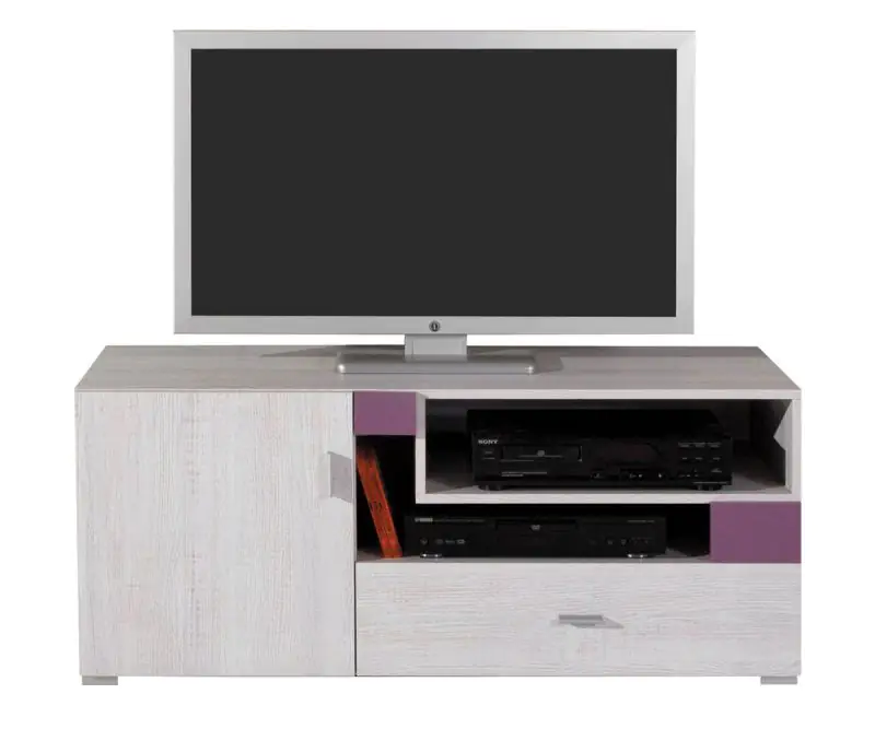 Chambre des jeunes - Meuble bas TV "Emilian" 12, pin blanchi / violet - Dimensions : 50 x 120 x 50 cm (H x L x P)
