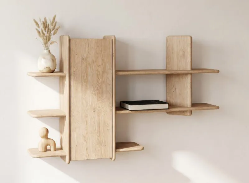 Étagère / Couleur : chêne blanchi / Bois massif / Chêne huilé / 140 x 28 x 86 cm / 1 porte / Élégante / Fonctionnelle / Étagère murale / pour le salon
